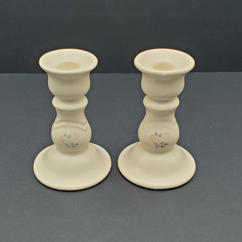 Pfaltzgraff Remembrance Candlesticks Stoneware Peach Pink Flowers Candle Holders